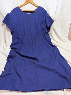 Vintage Studio Ease Linen Blend Dress 18 – Blue Shift w/ Pockets – 80s/90s